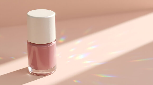 A cylindrical nail polish bottle stands on a pale peach surface illuminated by refracted light cosmetic beauty lacquer manicure pedicure makeup pastel soft refraction shadow