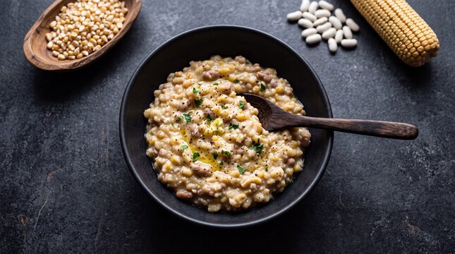 Zambian Samp and Beans Porridge with Corn, Fresh Herbs, and Butter, Traditional Southern African Dish