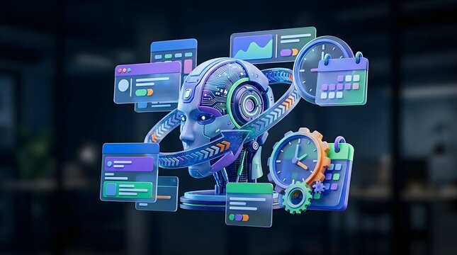 Artificial intelligence robot head surrounded by floating task management ui elements