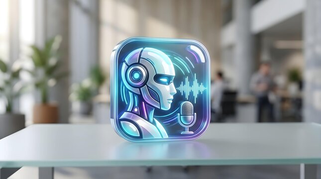 Artificial intelligence voice assistant icon on office desk surface