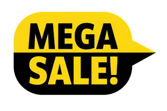 Yellow and black speech bubble shape with mega sale text isolated on a transparent background discount