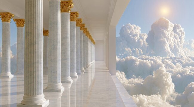 Grand neoclassical colonnade opening to a heavenly sky filled with clouds and sunlight