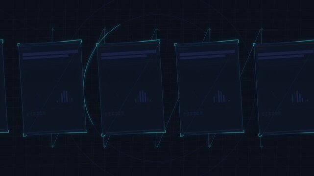 Cold war news headlines abstract concept loop, flight between screens with data and charts