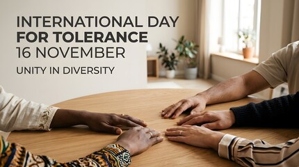 Fototapeta premium Diverse group of people holding hands together on a wooden table, international day for tolerance concept