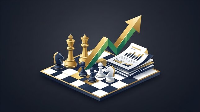 Chess board strategy with rising financial growth arrow and business report documents