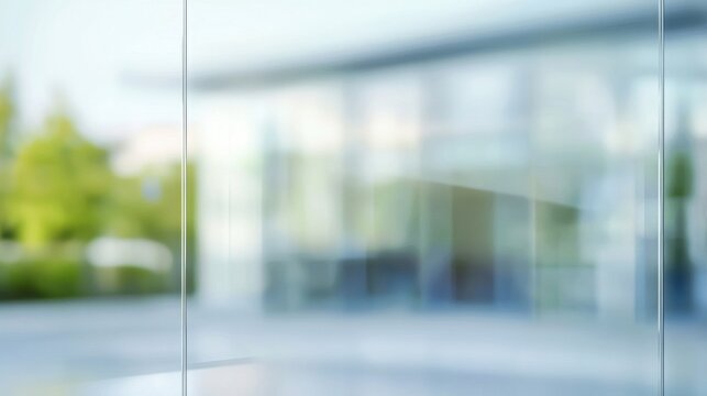 Large transparent glass panels reflecting a blurred modern office building exterior with soft natural lighting and bright green trees in the background during a beautiful clear day in the city.