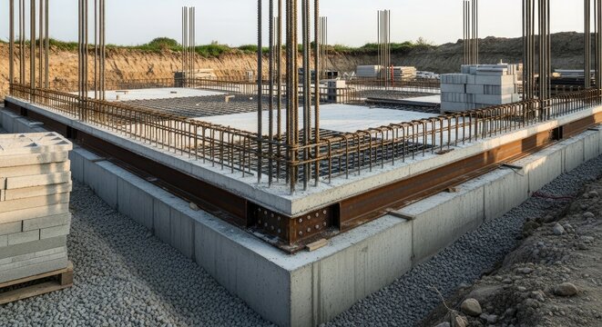 Construction workers are laying a concrete foundation for a building. Steel rebar and concrete blocks are visible.
