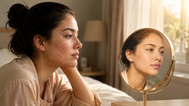 Young woman looking at her reflection in mirror comparing acne-prone skin to clear skin.