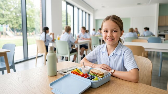 Young girl in school uniform smiles at lunch table with packed lunchbox containing sandwich, fruits, and water bottle in a bright cafeteria setting