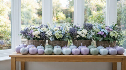 Fototapeta premium Pastel pumpkins and floral arrangements displayed on a wooden table indoors
