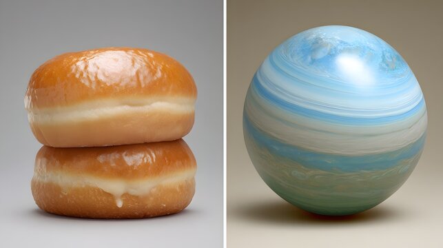 Comparison of two stacked glazed donuts and a blue marbled sphere planet on plain backgrounds.