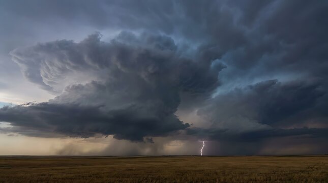 Supercell thunderstorm looms massively over a flat rural prairie.