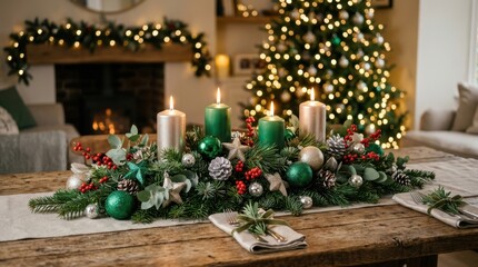 Naklejka premium Festive Christmas centerpiece with candles and ornaments on a rustic wooden table
