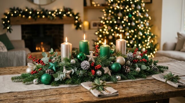 Festive Christmas centerpiece with candles and ornaments on a rustic wooden table