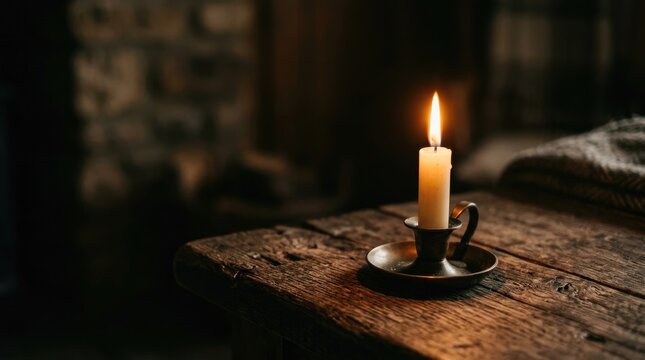 A single candle flickers with a bright flame on a small, tarnished silver cup. The candle rests on a weathered wooden table, casting a warm glow into a dimly lit room.