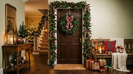 Fototapeta premium Cozy Christmas entryway with decorated door and festive holiday decorations
