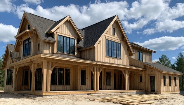 Large unfinished residential house under construction with wooden frame