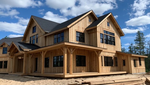Large wooden house under construction with roof and windows installed