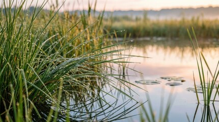 Fototapeta premium Peaceful marshland at sunrise with tall grass and calm water reflecting the sky.