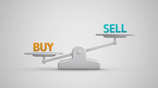 Financial balance scale showing buy and sell options in grid