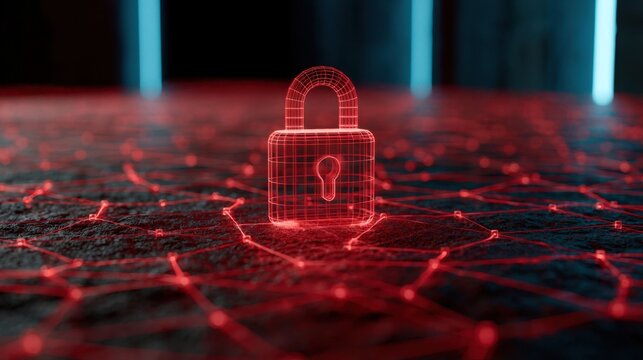 Red wireframe padlock on a digital network
