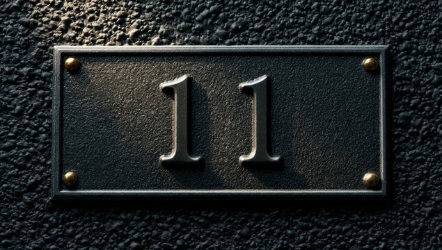 Metallic number 11 plaque on a dark textured wall