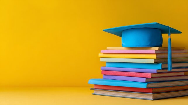 Blue graduation cap on colorful stack of textbooks against vibrant yellow background, education concept for school learning, academic achievement, graduation, student success, studying, knowledge, cla