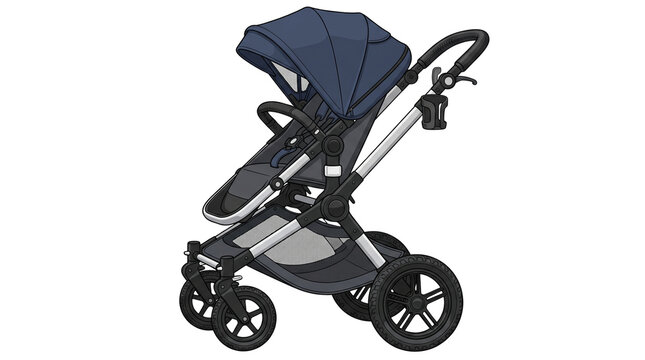 Modern navy blue baby stroller, premium infant pram with silver frame, luxury toddler pushchair for outdoor travel and parenting isolated PNG with Transparent Background