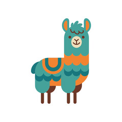 Naklejka premium Cute Teal Llama Cartoon Character with Orange Saddle, Flat Design