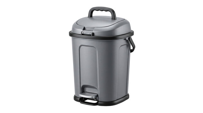 Industrial gray plastic trash can with foot pedal, durable waste bin with handle and lid, sanitary garbage container for kitchen isolated PNG with Transparent Background