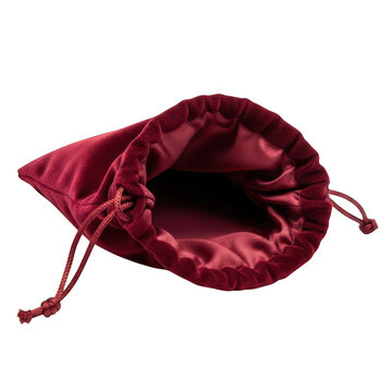 Open red velvet drawstring pouch isolated on white background