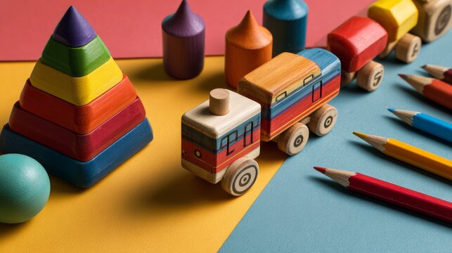 Wooden educational toys for kids on colorful paper background, preschool learning blocks, pyramid, pencils, numbers and toy train, kindergarten classroom activities, early childhood education, daycare