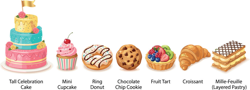 Bakery Dessert Vector Cartoon Illustration Set with Celebration Cake Cupcake Donut Chocolate Chip Cookie Fruit Tart Croissant and Layered Mille Feuille Pastry