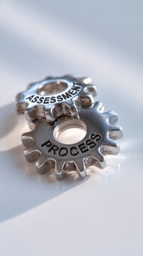 Metallic gears interlocked with words assessment and process on a white surface