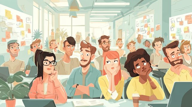 Diverse group of people in a colorful cartoon office meeting with illustration diverse individuals engaging meeting workshop individuals gathered