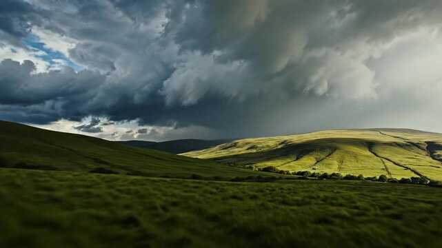 Dramatic Landscape with Stormy Sky Over Rolling Green Hills.