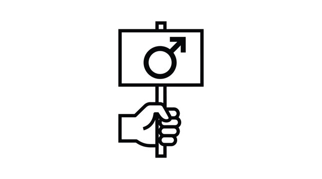 Human hand holding up a rectangular sign featuring a bold black male gender symbol isolated on a white background for social justice or protest concepts