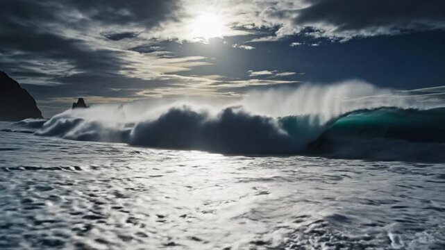 Dramatic Ocean Waves Crashing on Rocky Shore at Sunset.