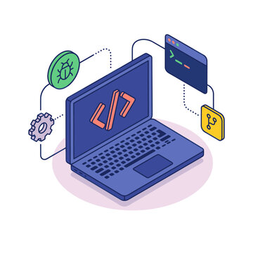 Clean of Laptop Showing Lambda Function with Bug Gear and Code Icons in Flat Design Style with high quality professional line art symbols for modern creative design and digital branding projects
