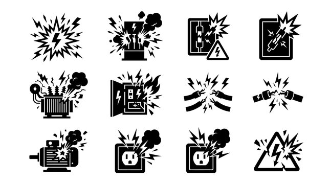 Black icons of explosion and crash.