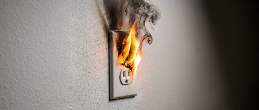 Electrical fire burning from a wall socket outlet causing home damage