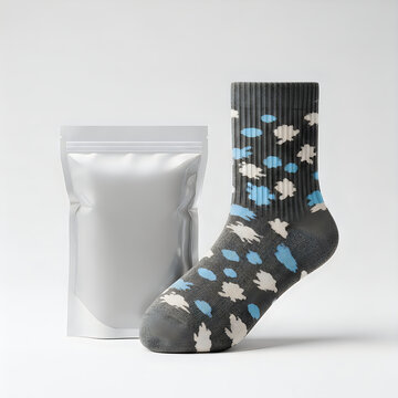 Single grey patterned sock featuring a modern blue and white paint splatter design next to a blank silver foil product packaging pouch isolated
