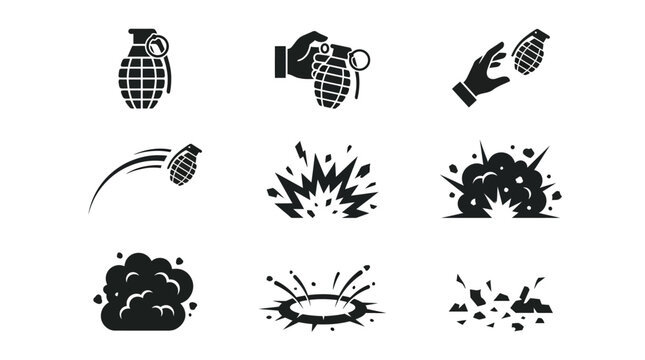 Black silhouette explosive bomb icons set.