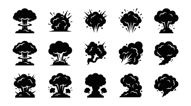 Black silhouette explosion bomb icons set.