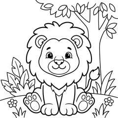 Obraz premium Cute lion cub coloring page for children sitting in a savanna with a tree and tropical plants.