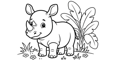Young rhinoceros standing in grassy field with tropical plants: outline coloring book drawing. © Morsheda