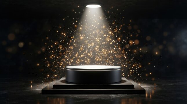 Illuminated dark stage podium spotlight with sparkling golden dust particles floating in the air