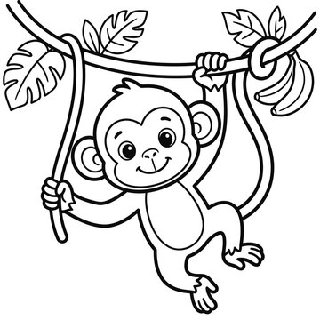 Happy little monkey hanging on a branch with a banana bunch cartoon line art coloring page design.