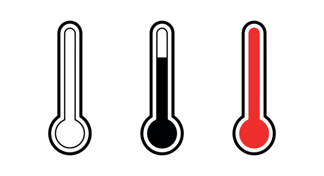 Set of three thermometers showing different temperature levels from empty to cold and hot on white background