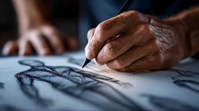 A professional artist's hand intricately sketching a human anatomical figure on paper with a black ink pen.